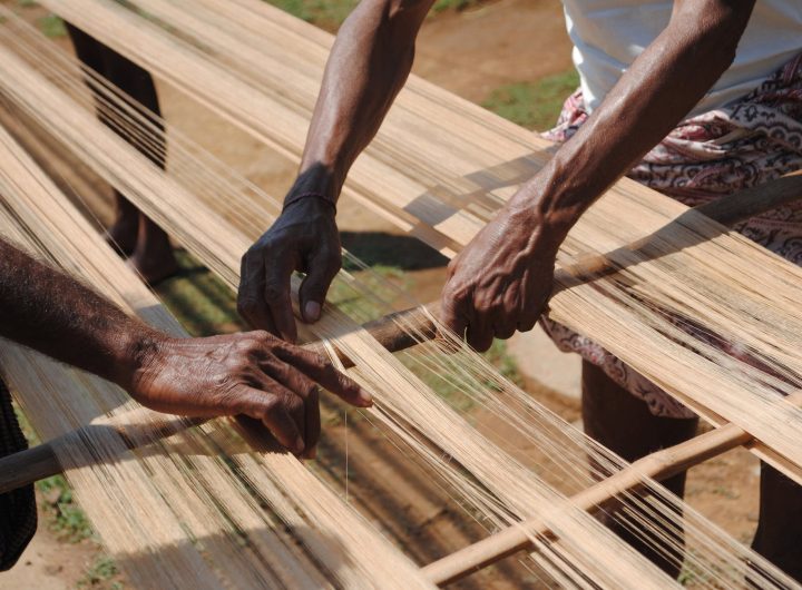 men weaving bamboo thread